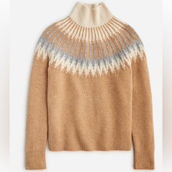 J. CREW Sz Large Fair Isle Mock Neck Sweater Supersoft Yarn Wool Camel Blue EUC - Picture 3 of 11